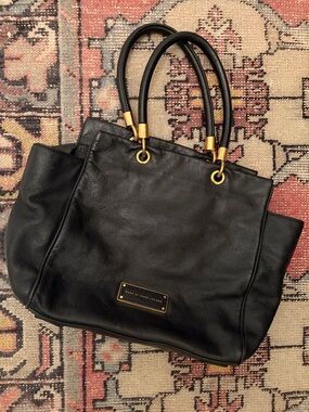 Marc By Marc Jacobs Black Leather Top-Handle Tote Bag with Gold Accents